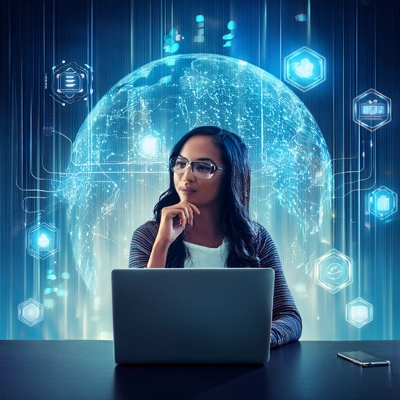 Futuristic image of a women with a laptop
