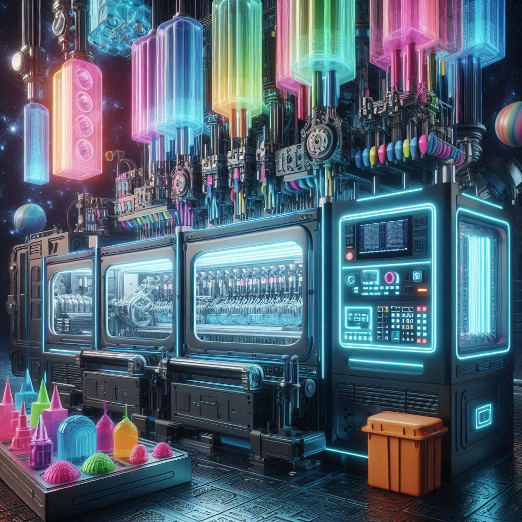 Futuristic image of the molding machine with orange box